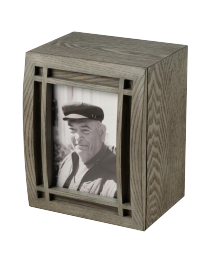 Honor urn with photo wood shown with engraved plaque.