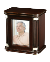 Honor urn with photo wood shown with engraved plaque.