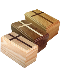 8 sided wood urn with cross in 3 different combinations of wood