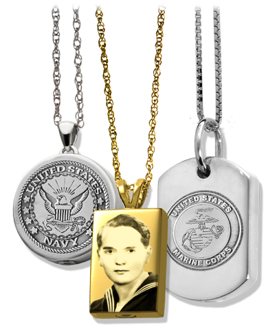 Military cremation jewelry with USN USMC emblem and photo